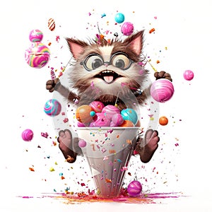 Funny crazy cartoon party cat with bright candies isolated over white background. Colorful joyful greeting card for birthday or