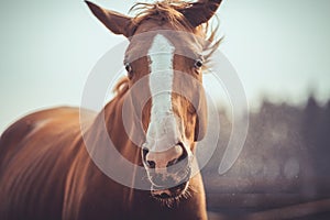 Funny crazy chestnut budyonny gelding horse during shaking head in spring daytime