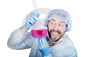 Funny crazy emotional chemist with flask. mad scientist in his laboratory experimenting on secret formulas.