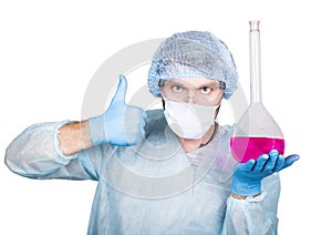 Funny crazy emotional chemist with flask. mad scientist in his laboratory experimenting on secret formulas.