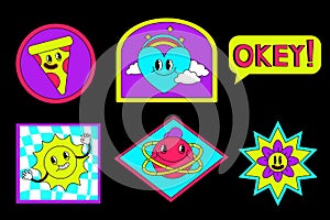 Funny crazy psychedelic stickers set print. Vector cartoon illustration sticker pack design. Psychedelic,groovy,trippy