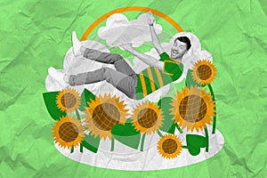 Funny creative magazine illustration of careless guy falling man yellow sunflowers field ukraine summertime isolated on