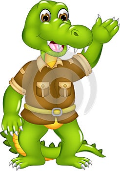 Funny crocodile cartoon standing with smile and waving