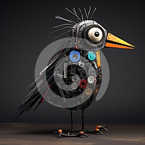 Funny Crow: A Cartoonish 3d Abstract Sculpture Made Of Metal Screws And Trash