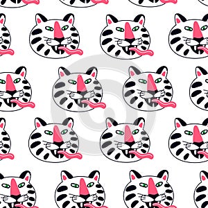 Funny cruel white tiger muzzle with tongue childish seamless pattern vector flat illustration