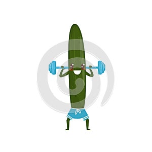 Funny cucumber exercising with barbell, sportive vegetable cartoon character doing fitness exercise vector Illustration