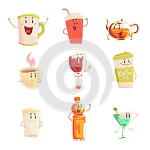 Funny cup, bottle, glass with drinks standing and smiling