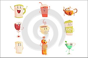 Funny cup, bottle, glass with drinks standing and smiling, set for label design. Cartoon detailed Illustrations isolated