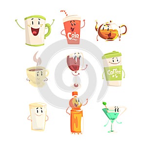 Funny cup, bottle, glass with drinks standing and smiling, set for label design. Cartoon detailed Illustrations isolated