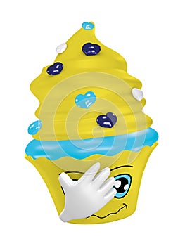 Funny cupcake emoticon that hits his hand in front of his head.