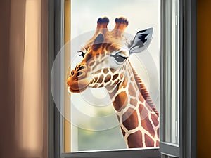 A funny curious giraffe looks through the window of a house, the concept of curiosity and interest, the AI generation