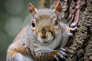 A funny curious squirrel in a city park looks straight into the camera. Close-up portrait.