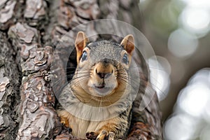 A funny curious squirrel in a city park looks straight into the camera. Close-up portrait.