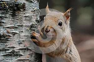 A funny curious squirrel in a city park looks straight into the camera. Close-up portrait.