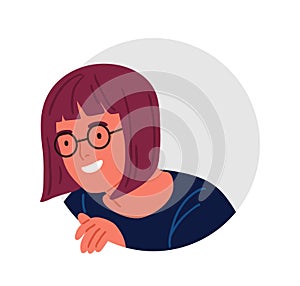 Funny curious teenage girl in glasses peeping or searching for something vector flat illustration. Smiling female teen