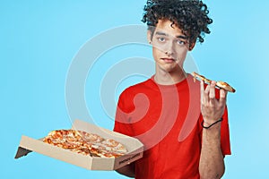 funny curly guy in a red t-shirt pizza delivery fast food snack