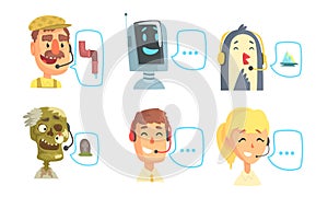Funny Customers Support Phone Operators Set, Call Center Cartoon Characters with Headset Consulting People by Phone