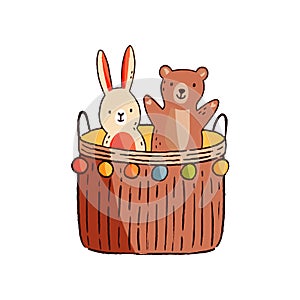 Funny cute adorable animal kid toy. Game basket with childish stuff or playthings. Hand drawn minimalistic bunny or hare