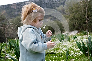 Funny cute adorable caucasian blonde baby girl, toddler in green field of daisy, camomiles smelling flowers.Curious