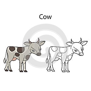 Funny cute animal cow isolated on white background. Linear, contour, black and white and colored version. Illustration can be used