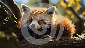 Funny cute animal image of a red panda asleep during afternoon. generative ai