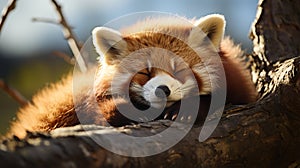Funny cute animal image of a red panda asleep during afternoon. generative ai