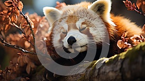 Funny cute animal image of a red panda asleep during afternoon. generative ai