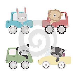 Funny cute Animals in different Cars. Cartoon illustration with transport in flat style.