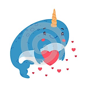 Funny cute baby narwhal holding red heart. Sea mammal animal cartoon character fell in love vector illustration