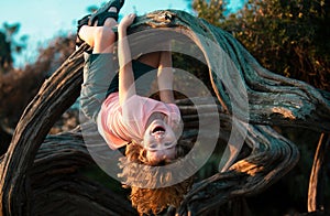 Funny cute boy hanging from branch of tree. Summer time.