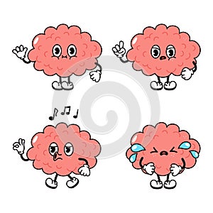 Funny cute brain character bundle set. Vector hand drawn doodle style traditional cartoon vintage, retro character