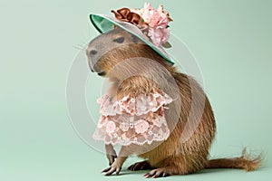 funny and cute capybara wearing in different uniforms on the colour empty background