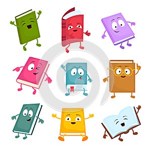 Funny and cute cartoon book vector characters. Happy library books mascots set