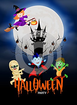 Funny cute cartoon character. witch, count dracula, zombie and mummy in moon night.