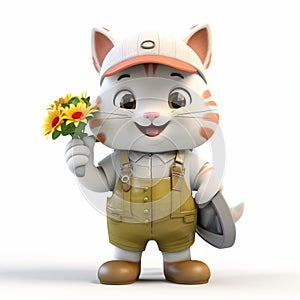 Funny cute cartoon gardener cat