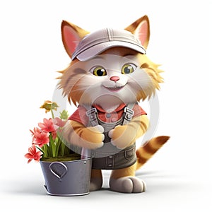 Funny cute cartoon gardener cat