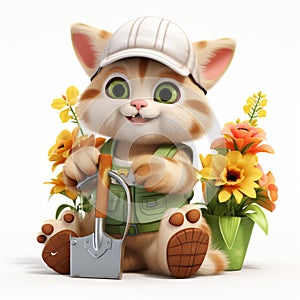 Funny cute cartoon gardener cat