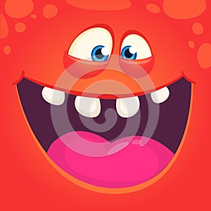 Funny cute cartoon monster face. Vector Halloween red monster with wide mouth laughing.