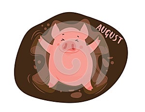 Funny and cute cartoon pig making a snow angel in a mud. Vector illustration. Excellent for the design of postcard