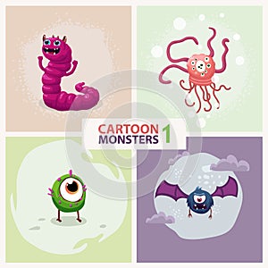 Funny cute cartoon vector monster characters set