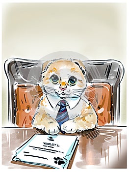 Funny cute cat in a tie sitting behind adesk