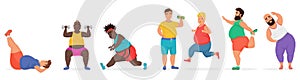 Funny cute chubby fat man characters set doing gym workout exercises. Sport fitness big people vector illustration.