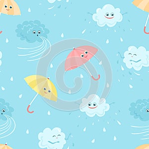 Funny cute clouds, smiling colored umbrellas, wind and rain seamless pattern.