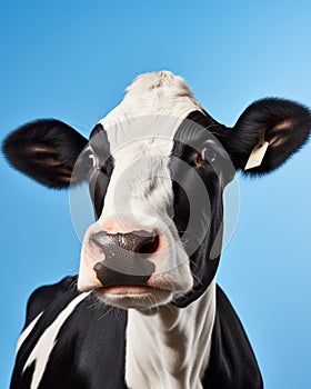 Funny cute cow isolated on blue. Talking black and white cow close up. Funny curious cow. Farm animals. Pet cow on sky