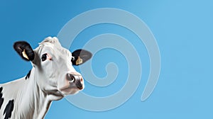 Funny cute cow isolated on blue. Talking black and white cow close up. Funny curious cow. Farm animals. Pet cow on sky