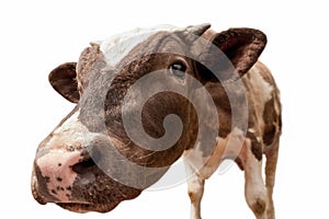 Funny cute cow isolated on white. Talking black and white cow close up.