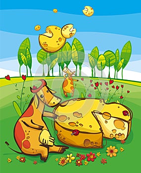 Funny, cute cows and flying cheeses. Summer meadow in the country. Vector illustration