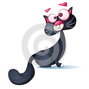 Funny cute, crazy cat cartoon illustration.