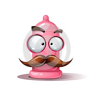 Funny, cute, crazy condom illustration. Mustache, whisker smiley