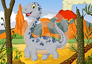 Funny cute dinosaur cartoon posing in the jungle with landscape background